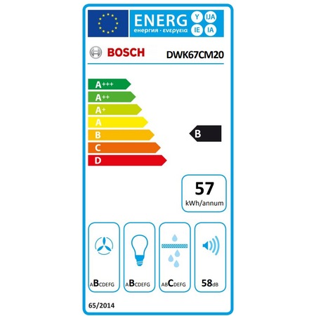 Hota incorporabila decorativa Bosch DWK67CM20, Putere de absorbtie 700 mc/h, Control touch, 3 trepte + 1 intensiv, 60 cm, Sticla alba