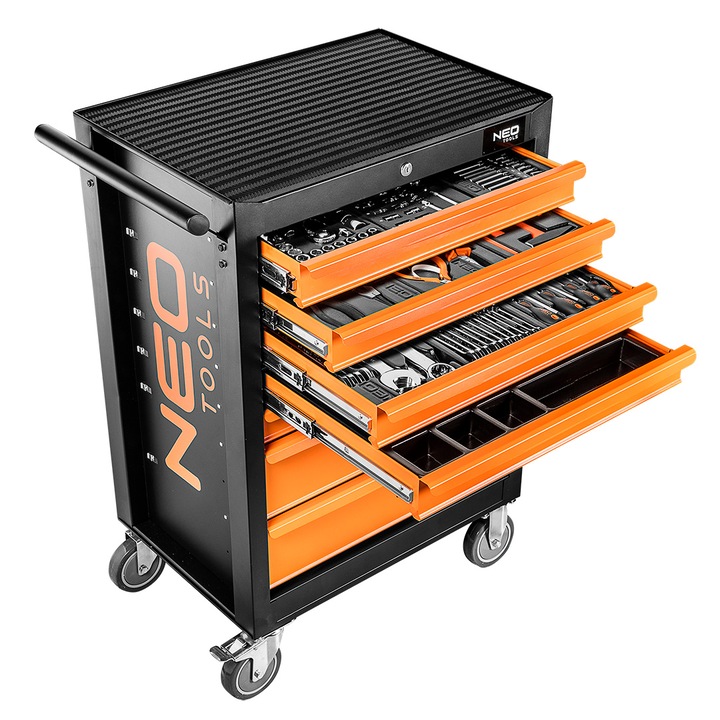 Шкаф за инструменти, NEO Tools, 7 чекмеджета, 129 оборудване, 680 x460 x1030 mm, черно/оранжево