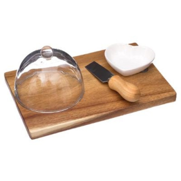 Set pentru servire branzeturi, 4 piese, cu suport din lemn de salcam, Secret de Gourmet