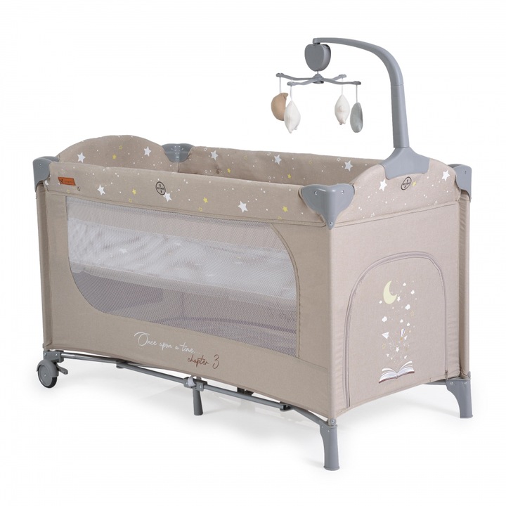 Patut pliabil cu 2 nivele masuta de infasat si carusel Once upon a time L3 Beige