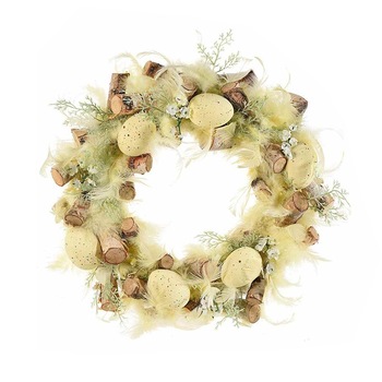 Coronita Paste din lemn decorata cu pene naturale si oua galbene Ø 30 cm Coronita Paste din lemn decorata cu pene naturale si oua galbene Ø 30 cm