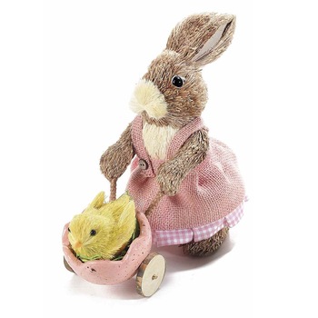 Figurina Iepuras Paste Girl cu carucior textil fibre naturale cm 25 x 11 cm x 22 h Figurina Iepuras Paste Girl cu carucior textil fibre naturale cm 25 x 11 cm x 22 h