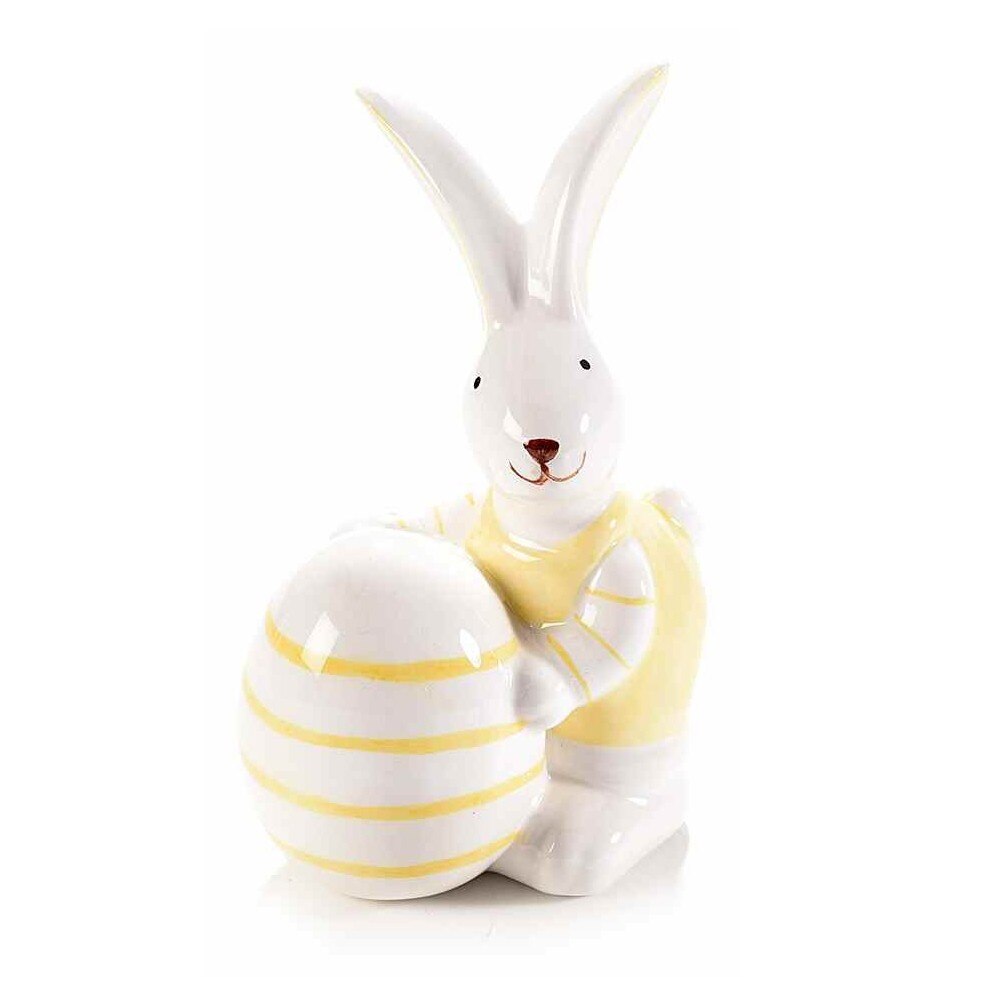 Figurina Iepuras Paste din ceramica galben alb 8 cm x 7 cm x 12 h