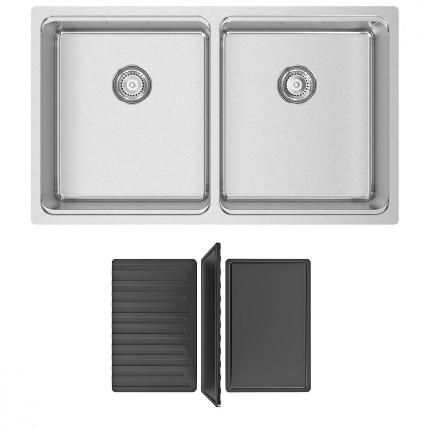 Set chiuveta bucatarie cu 2 cuve inox CookingAid Una 75 740x440x200mm cu tocator Versus din ABS reversibil in scurgator vase si accesorii montaj