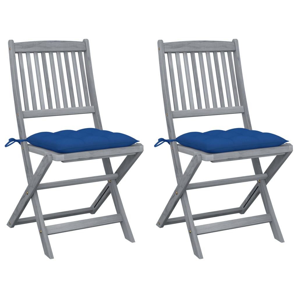 Set de 2 scaune pliabile de exterior cu perna colorata vidaXL, Lemn de acacia, 48.5 x 57 x 91 cm, Gri/Albastru