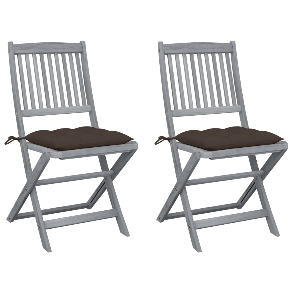 Set de 2 scaune pliabile de gradina, cu perne de sezut, vidaXL, Lemn de acacia, 48.5 x 57 x 91 cm, 7 cm, Gri/Taupe