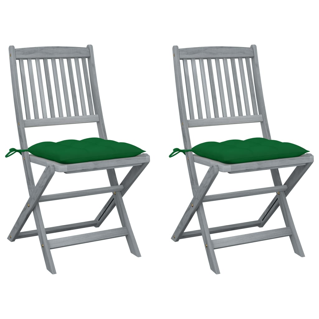 Set de 2 scaune pliabile de gradina, cu perne de sezut, vidaXL, Lemn de acacia, 48.5 x 57 x 91 cm, 7 cm, Gri/Verde inchis