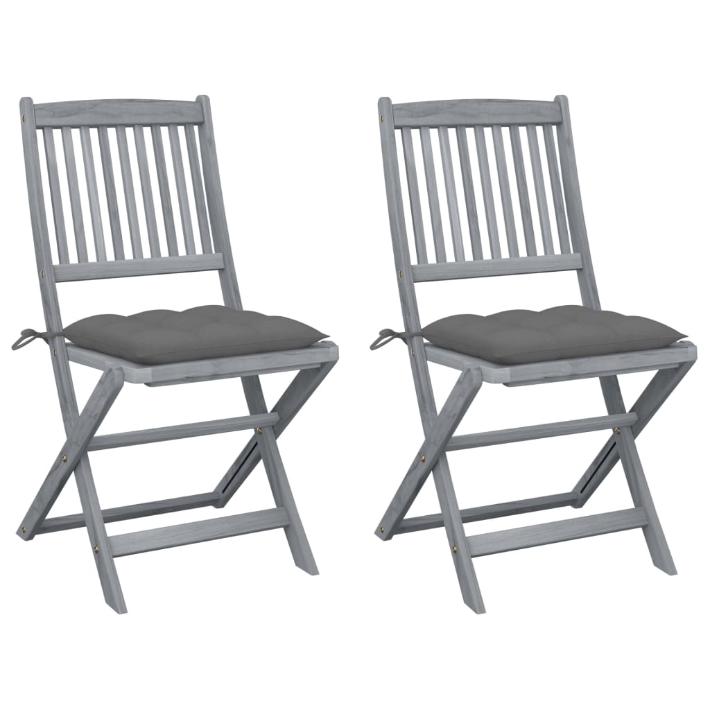Set de 2 scaune pliabile de gradina, cu perne de sezut, vidaXL, Lemn de acacia, 48.5 x 57 x 91 cm, 7 cm, Gri
