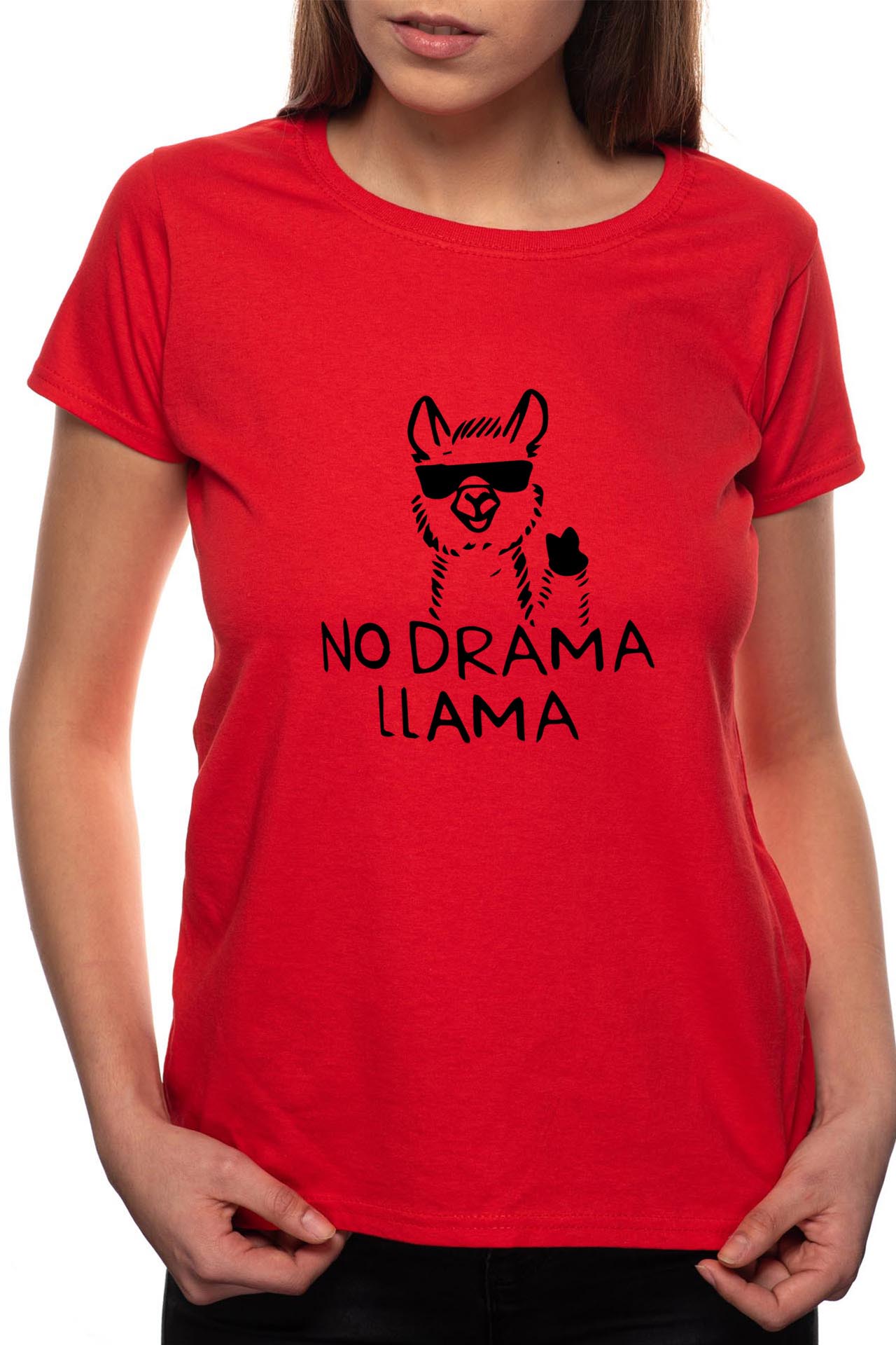 Tricou dama, No Drama Llama, 100% Bumbac, R51, Rosu