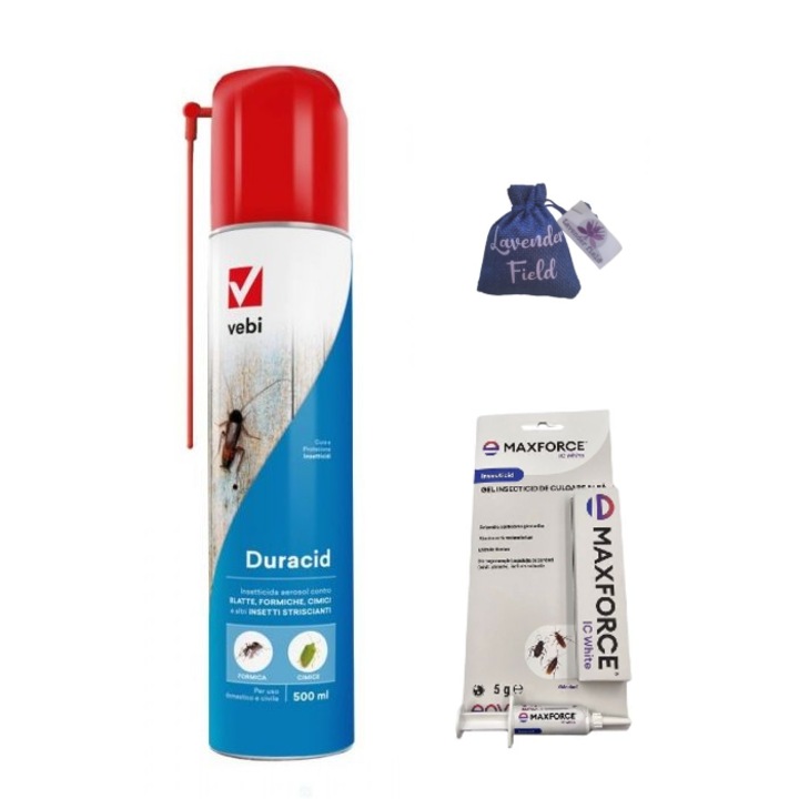 Set insecticid Duracid Vebi 500 ml si Maxforce gel Bayer 5 gr si Sac lavanda LF 10 gr anti gandaci, furnici, insecte