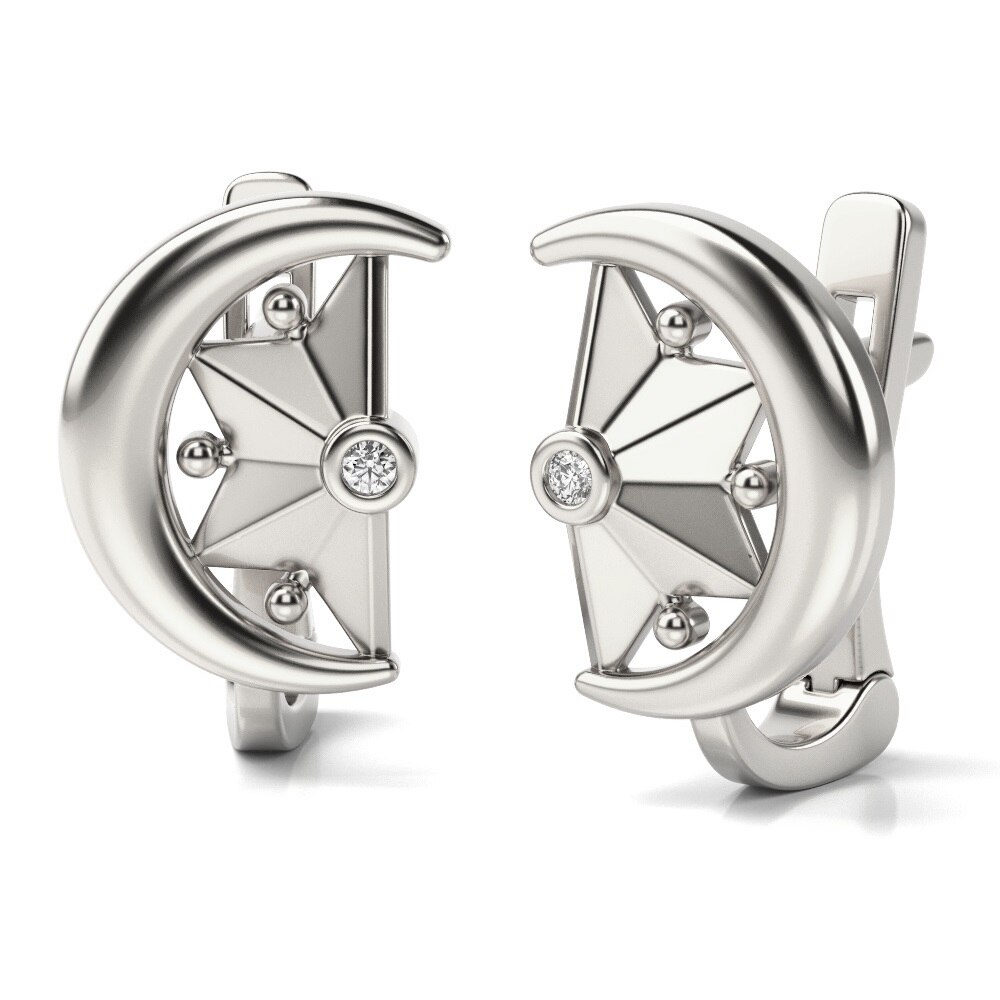 Cercei din aur alb model Moon and stars cu pietre