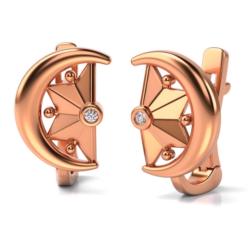 Cercei din aur roz model Moon and stars cu pietre