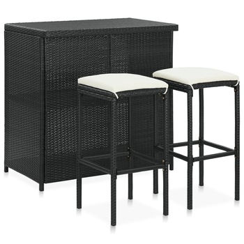 Set mobilier de bar din 3 piese cu perne incluse, vidaXL, Poliratan, 102 x 60 x 105 cm, Negru Set mobilier de bar din 3 piese cu perne incluse, vidaXL, Poliratan, 102 x 60 x 105 cm, Negru