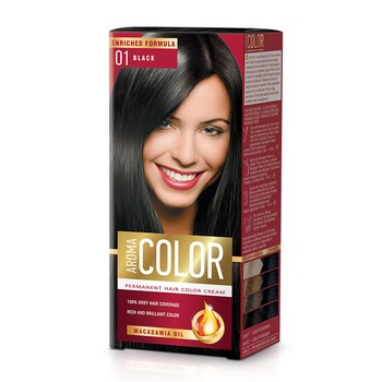Vopsea Permanenta de Par Aroma Color 01, Negru, 90 ml Vopsea Permanenta de Par Aroma Color 01, Negru, 90 ml