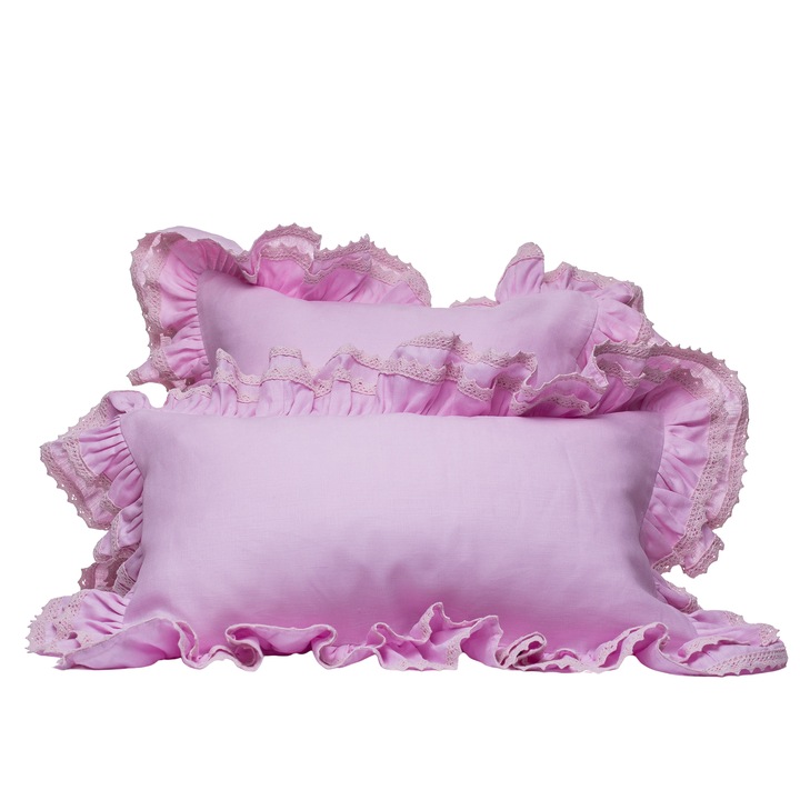 Husa perna in premium, baby rose, cu volane si broderie bumbac 30X50cm