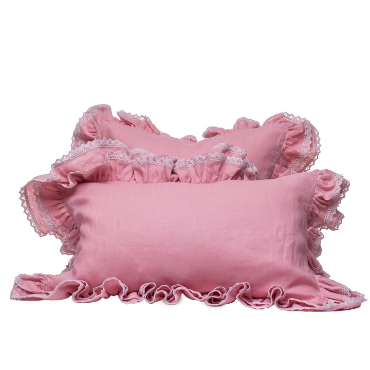 Husa perna in premium, rosa, cu volane si broderie bumbac 30X50cm