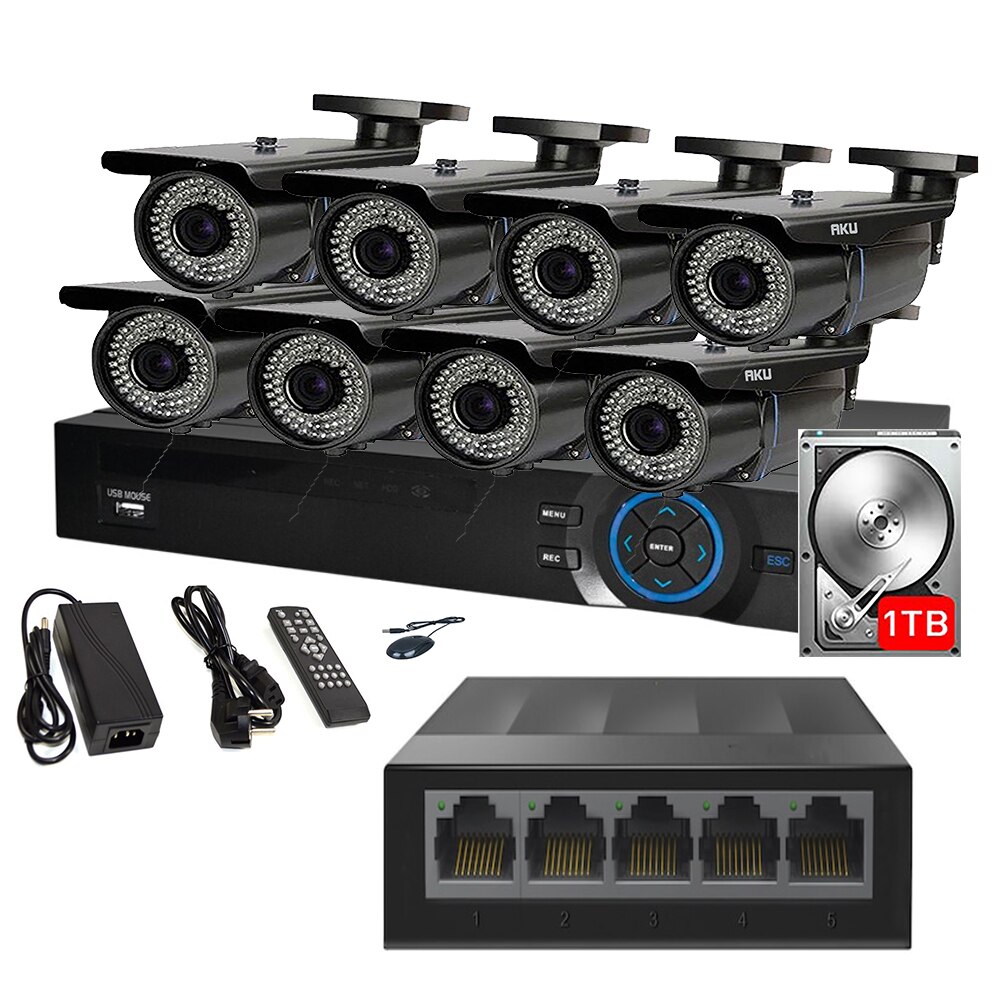 Kit IP 8 Camere Color Varifocale 2.8-12mm AKU SUPER CLEAR HD 2 MP cu NVR 4 canale FULL HD 1080P 5MP, SWITCH, HDD 1TB, Supraveghere video 50m infrarosu, cu vizualizare pe telefon mobil tableta desktop AK9922