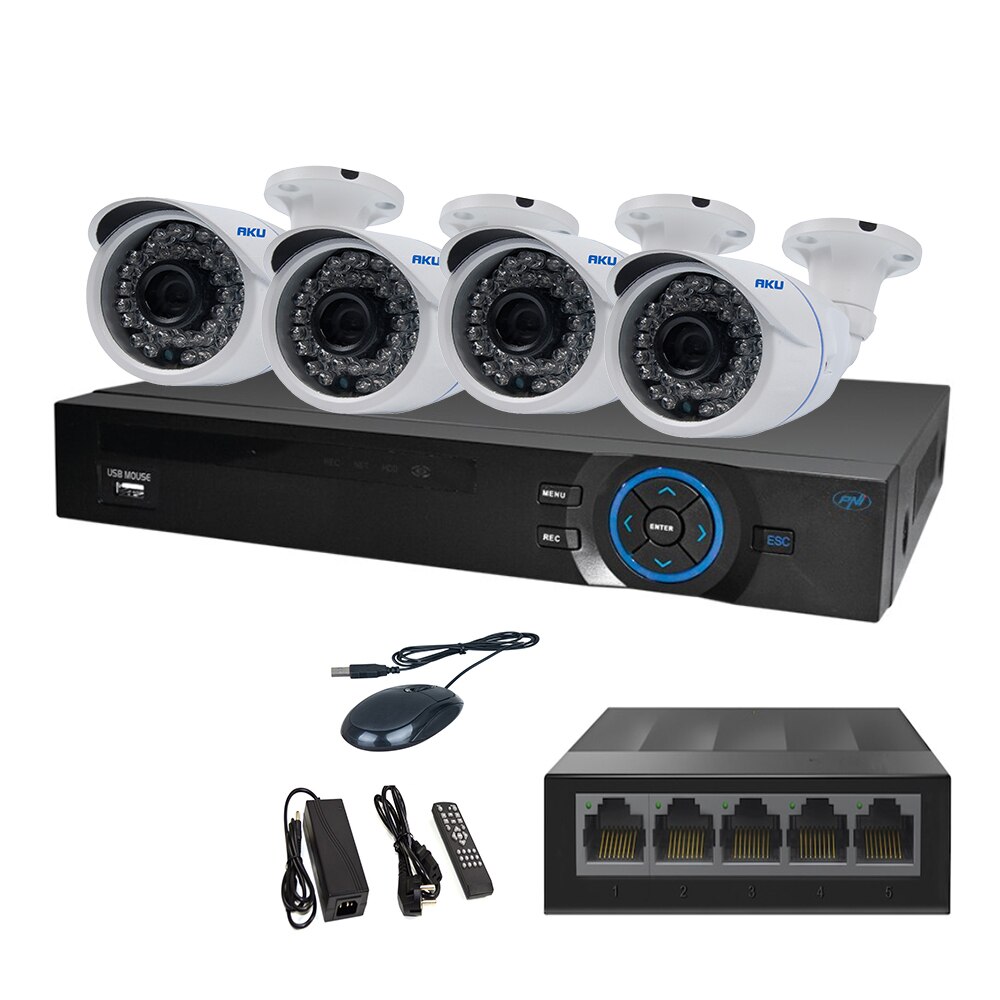 Kit IP 4 Camere Color AKU SUPER CLEAR HD 2 MP cu NVR 4 canale FULL HD 1080P 5MP, SWITCH, Supraveghere video 25m infrarosu, cu vizualizare pe telefon mobil tableta desktop AK9923