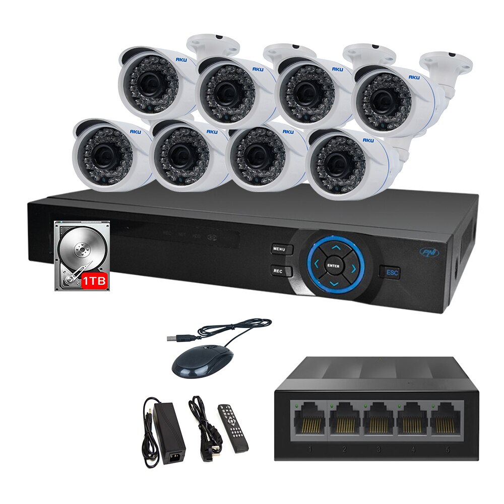 Kit IP 8 Camere Color AKU SUPER CLEAR HD 2 MP cu NVR 4 canale FULL HD 1080P 5MP, SWITCH, 1TB HDD, Supraveghere video 25m infrarosu, cu vizualizare pe telefon mobil tableta desktop AK9923
