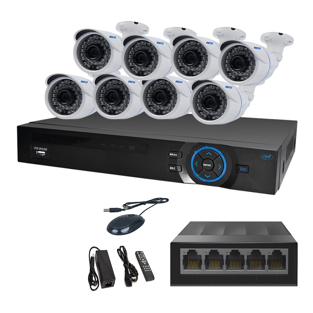 Kit IP 8 Camere Color AKU SUPER CLEAR HD 2 MP cu NVR 4 canale FULL HD 1080P 5MP, SWITCH, Supraveghere video 25m infrarosu, cu vizualizare pe telefon mobil tableta desktop AK9923
