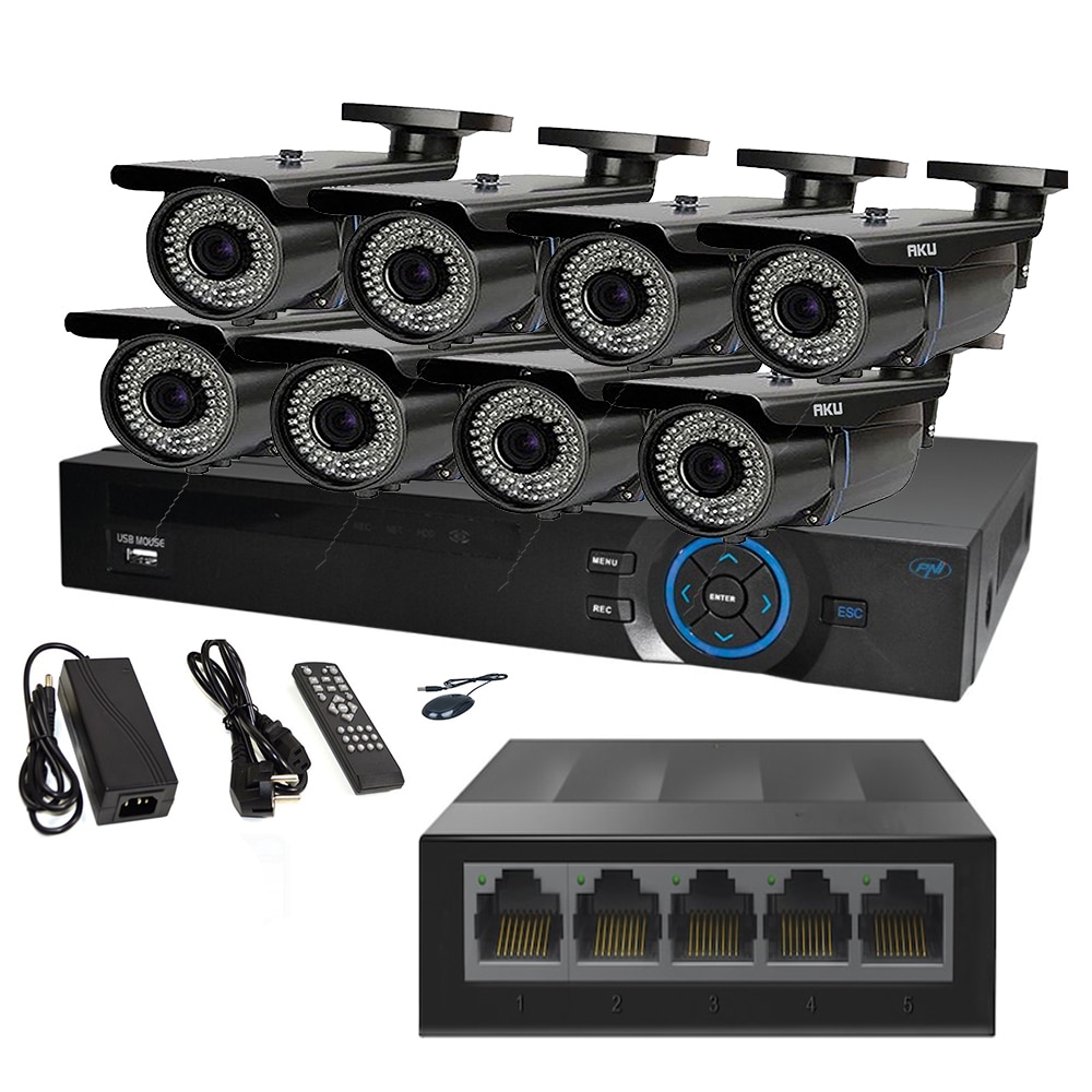 Kit IP 8 Camere Color Varifocale 2.8-12mm AKU SUPER CLEAR HD 2 MP cu NVR 4 canale FULL HD 1080P 5MP, SWITCH, Supraveghere video 50m infrarosu, cu vizualizare pe telefon mobil tableta desktop AK9922
