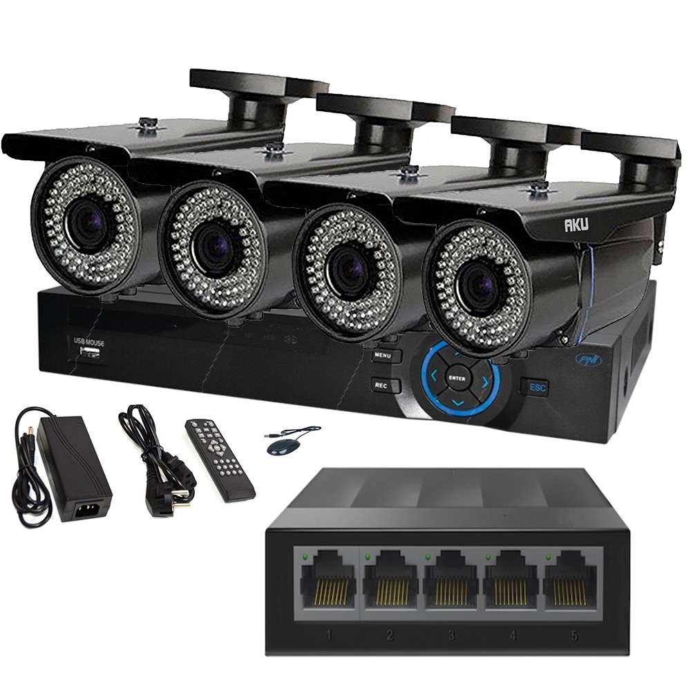 Kit IP 4 Camere Color Varifocale 2.8-12mm AKU SUPER CLEAR HD 2 MP cu NVR 4 canale FULL HD 1080P 5MP, SWITCH, Supraveghere video 50m infrarosu, cu vizualizare pe telefon mobil tableta desktop AK9922