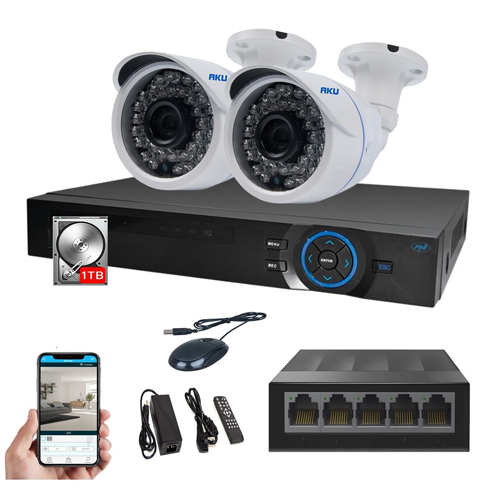 Kit IP 2 Camere Color AKU SUPER CLEAR HD 2 MP cu NVR 4 canale FULL HD 1080P 5MP, SWITCH, HDD 1TB, Supraveghere video 25m infrarosu, cu vizualizare pe telefon mobil tableta desktop AK9923
