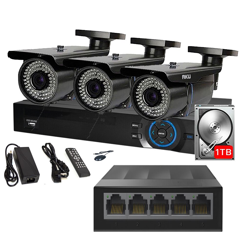 Kit IP 3 Camere Color Varifocale 2.8-12mm AKU SUPER CLEAR HD 2 MP cu NVR 4 canale FULL HD 1080P 5MP, SWITCH, HDD 1TB, Supraveghere video 50m infrarosu, cu vizualizare pe telefon mobil tableta desktop AK9922