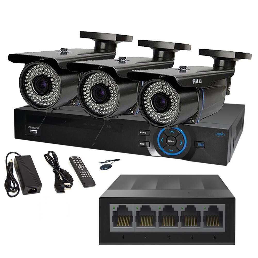 Kit IP 3 Camere Color Varifocale 2.8-12mm AKU SUPER CLEAR HD 2 MP cu NVR 4 canale FULL HD 1080P 5MP, SWITCH, Supraveghere video 50m infrarosu, cu vizualizare pe telefon mobil tableta desktop AK9922