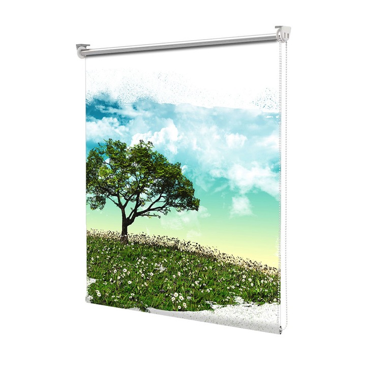 Roleta Art Shade tip Jaluzea cu Rulou si sistem inclus, Art Star, Copac pictat pe dealul verde, Decoratiuni, Latime 45 cm x Inaltime 130 cm