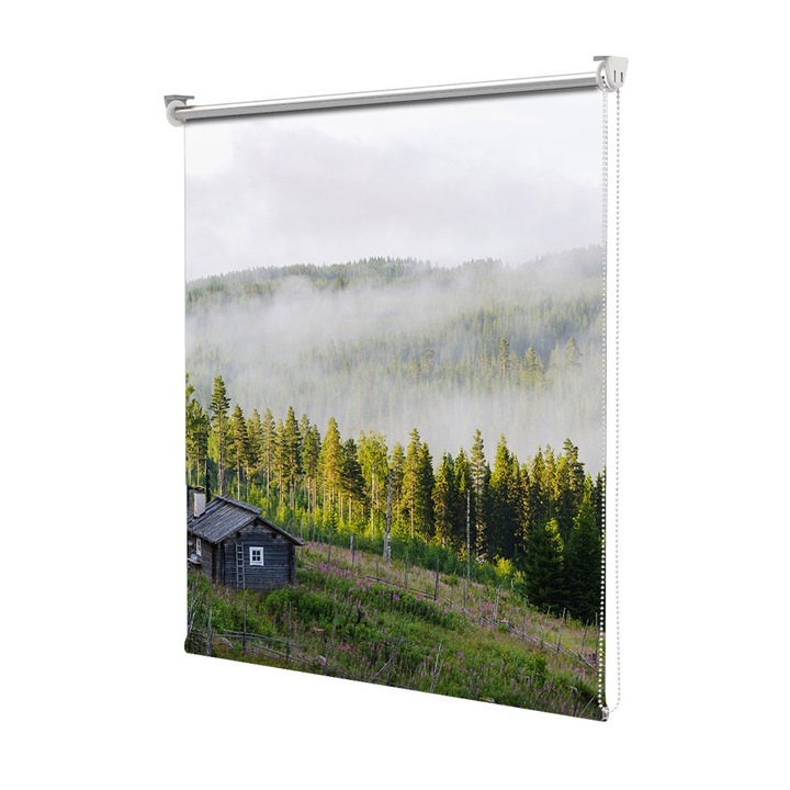 Roleta Art Shade tip Jaluzea cu Rulou si sistem inclus, Art Star, Cabane mici printre brazi, Decoratiuni, Latime 45 cm x Inaltime 130 cm