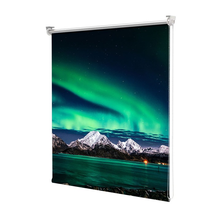 Roleta Art Shade tip Jaluzea cu Rulou si sistem inclus, Art Star, Aurora boreala deasupra muntilor inzapeziti, Decoratiuni, Latime 45 cm x Inaltime 130 cm