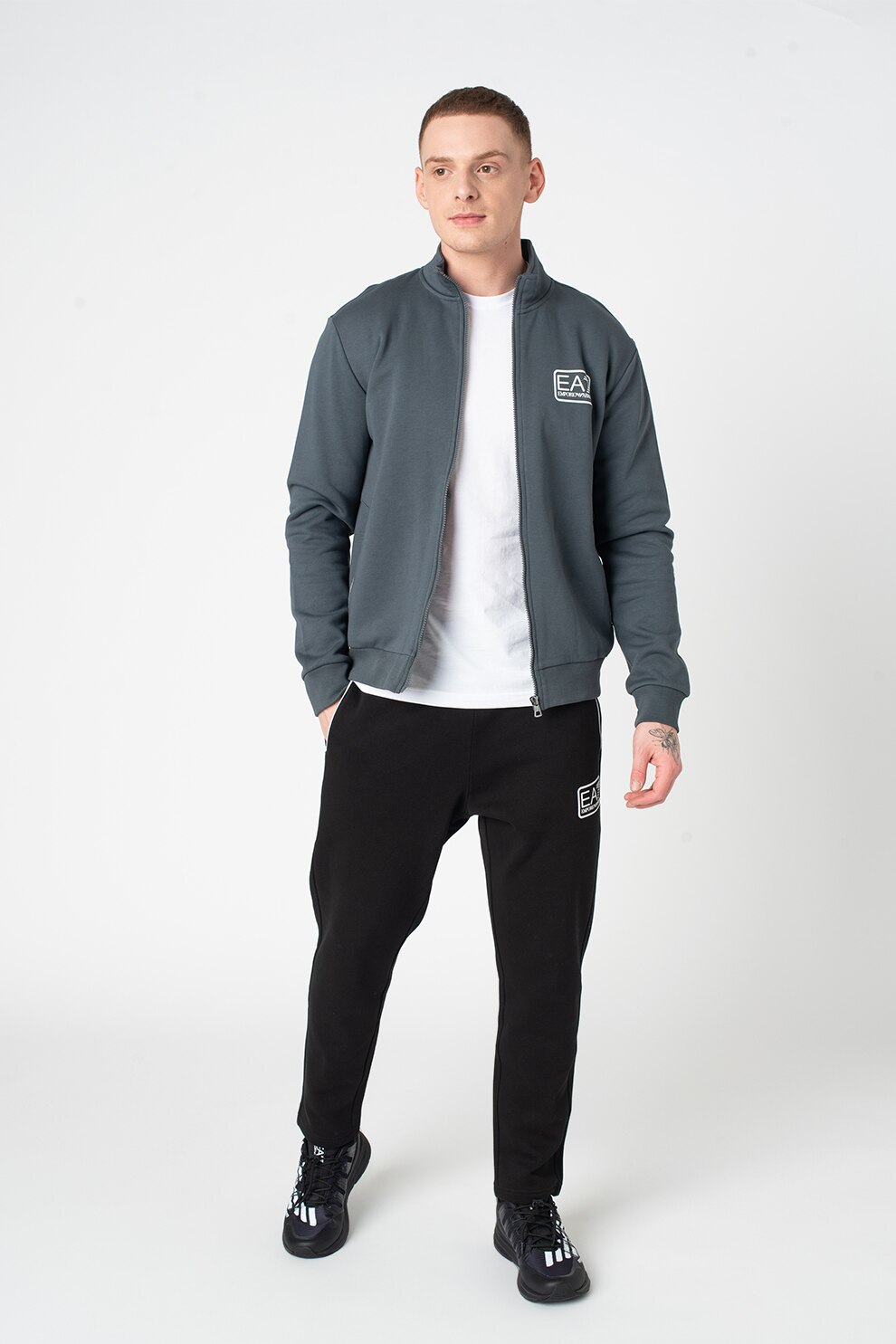 EA7, Trening cu fermoar si logo, Gri inchis/ Negru