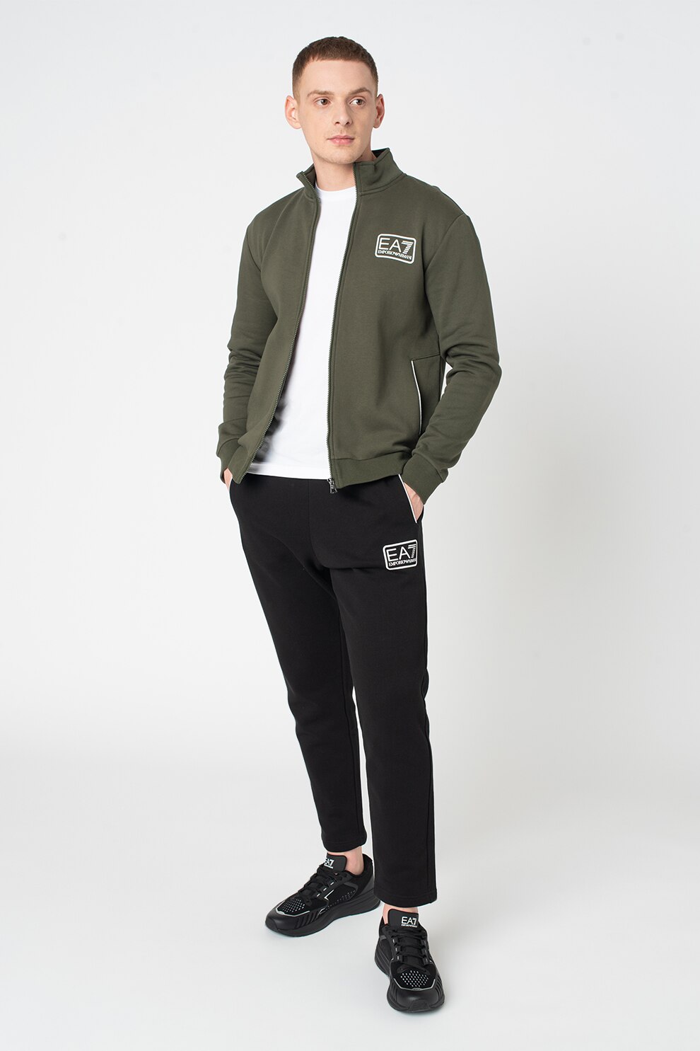 EA7, Trening cu fermoar si logo, Verde militar/Negru