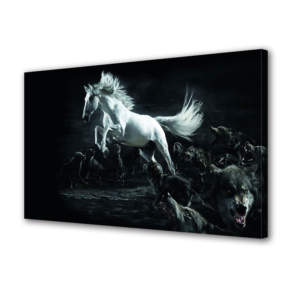 Tablou Canvas Animale Cal alb si lupi negri, 20 x 30 cm
