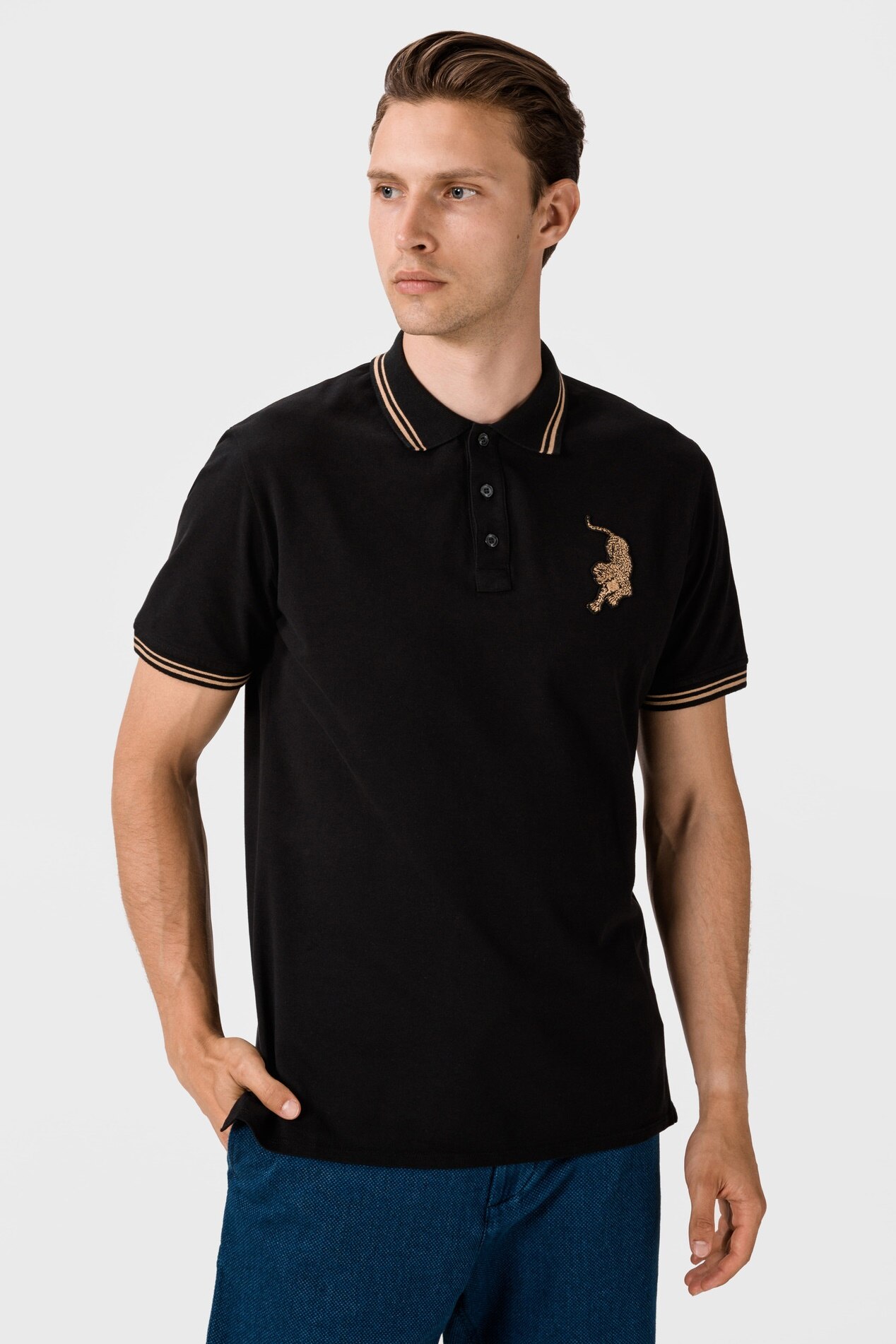 Tricou polo JUST CAVALLI , logo leopard , negru
