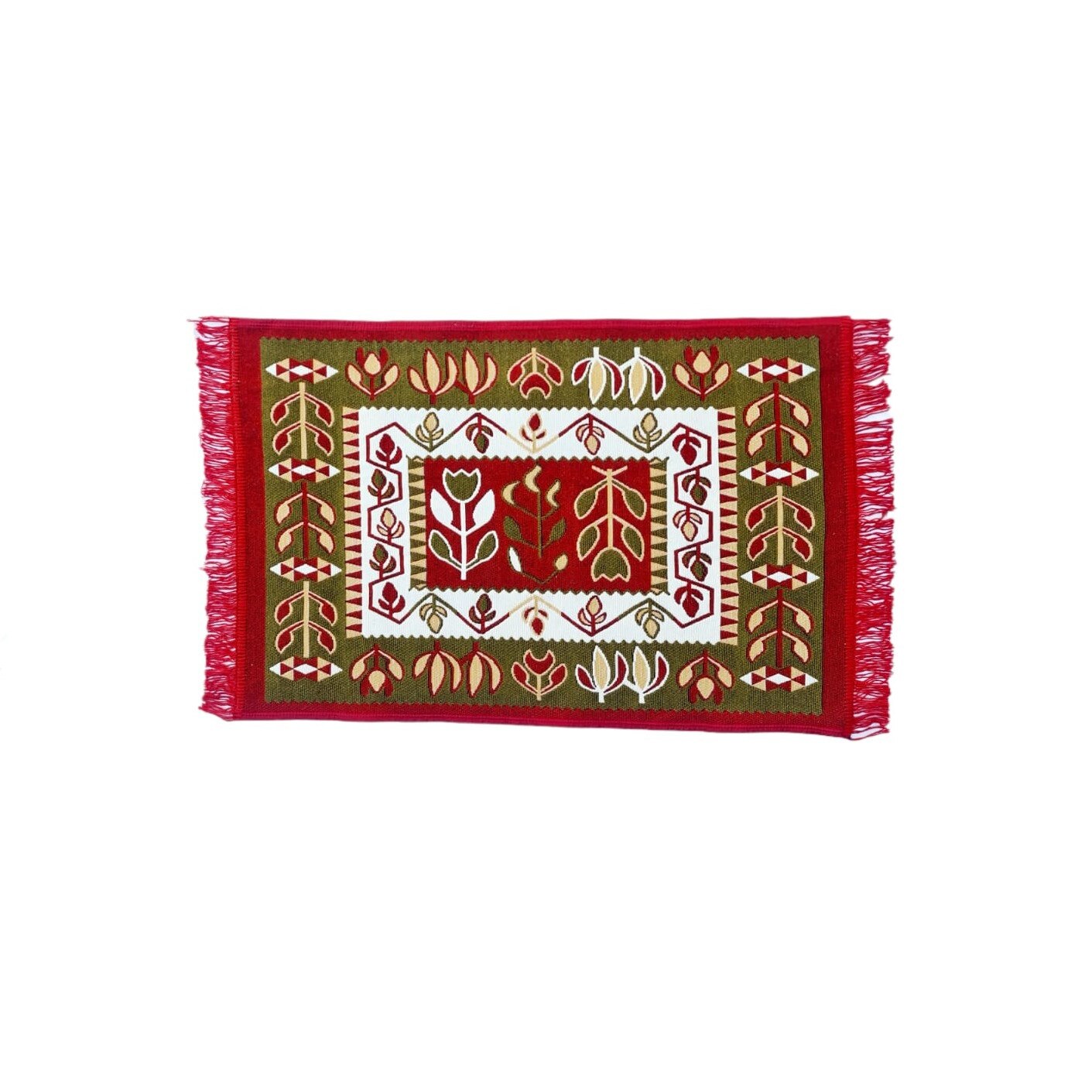 Covor premium tip traversa, model traditional, 60 x 90 cm , Multicolor, nuante de rosu si verde