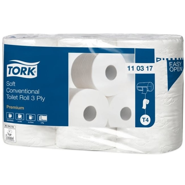 Toalettpapír, T4 rendszer, 3 rétegű, 12 cm átmérő, Premium, TORK Soft, fehér