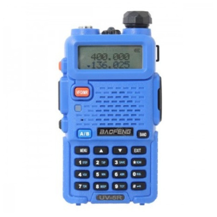 Set Walkie Talkie Baofeng UV-5R Radiodifuziune Vanatoare 1800mah Casca Albastru