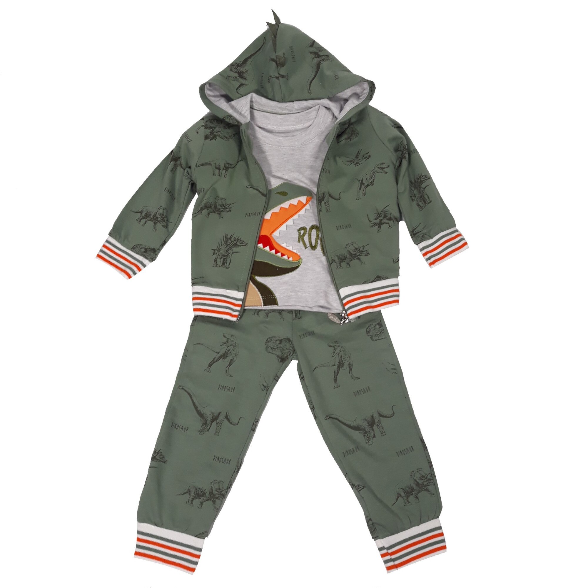 Compleu baieti, din bumbac, verde salvie/gri