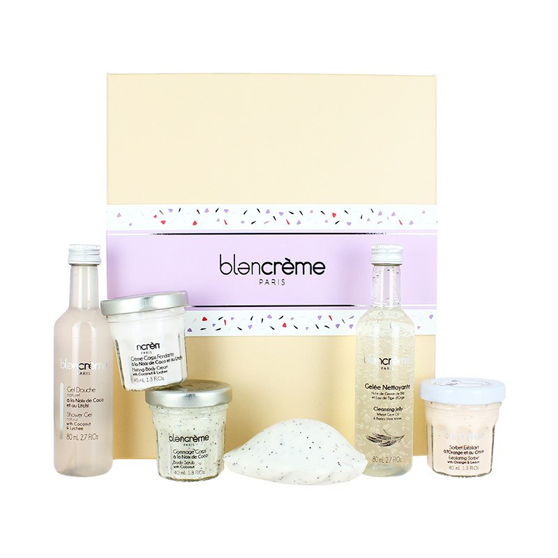 Set cadou Blancreme, 6 produse, Nuca de Cocos, gel de dus 80 ml, sapun exfoliant 70 g, gel de curatare 80 ml, sorbet exfoliant 40 ml, crema corp 40 ml, gomaj corp 40 ml