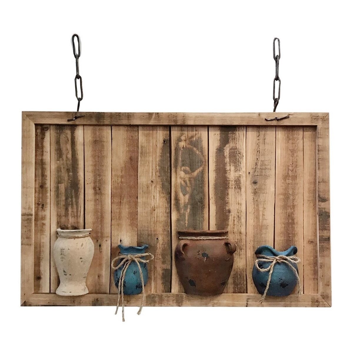 Decoratiune suspendabila perete lemn natur cu 4 vaze 100 cm x 14 cm x 60 h