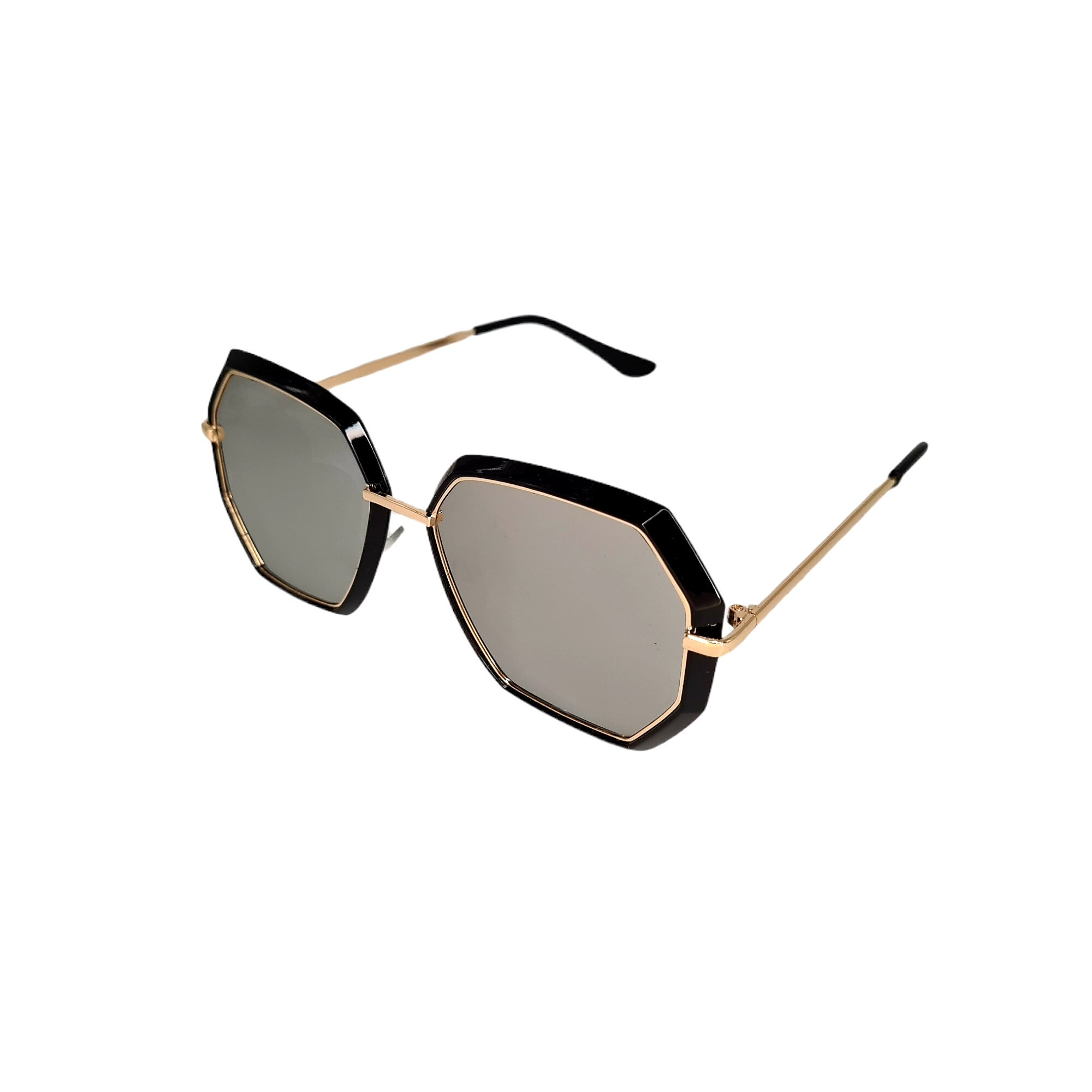 Ochelari de soare model hexagonal, lentila oglinda, negru/auriu