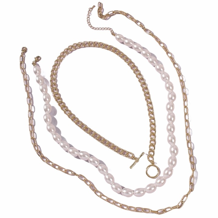 Set 3 Coliere, aurii, cu perle, Rosemarie C5, Pursehuit