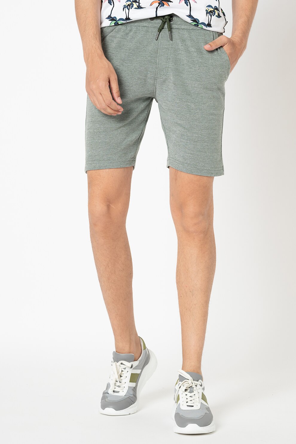 BLEND, Pantaloni scurti din amestec de bumbac cu buzunare oblice, Verde/Alb