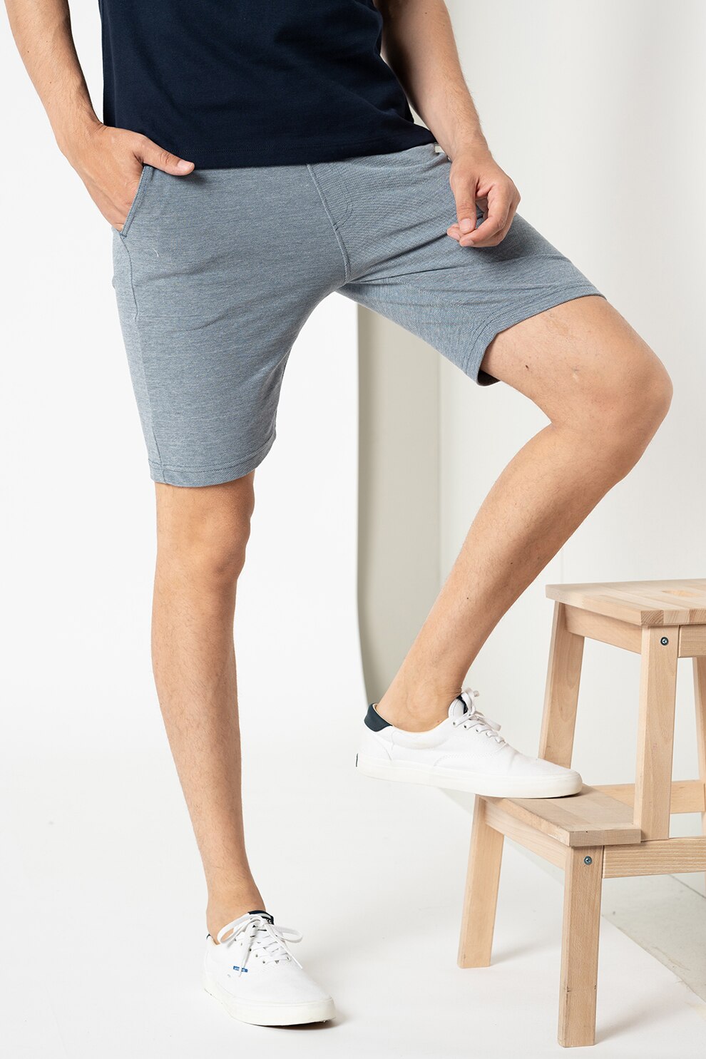 BLEND, Pantaloni scurti din amestec de bumbac cu buzunare oblice, Albastru/Alb