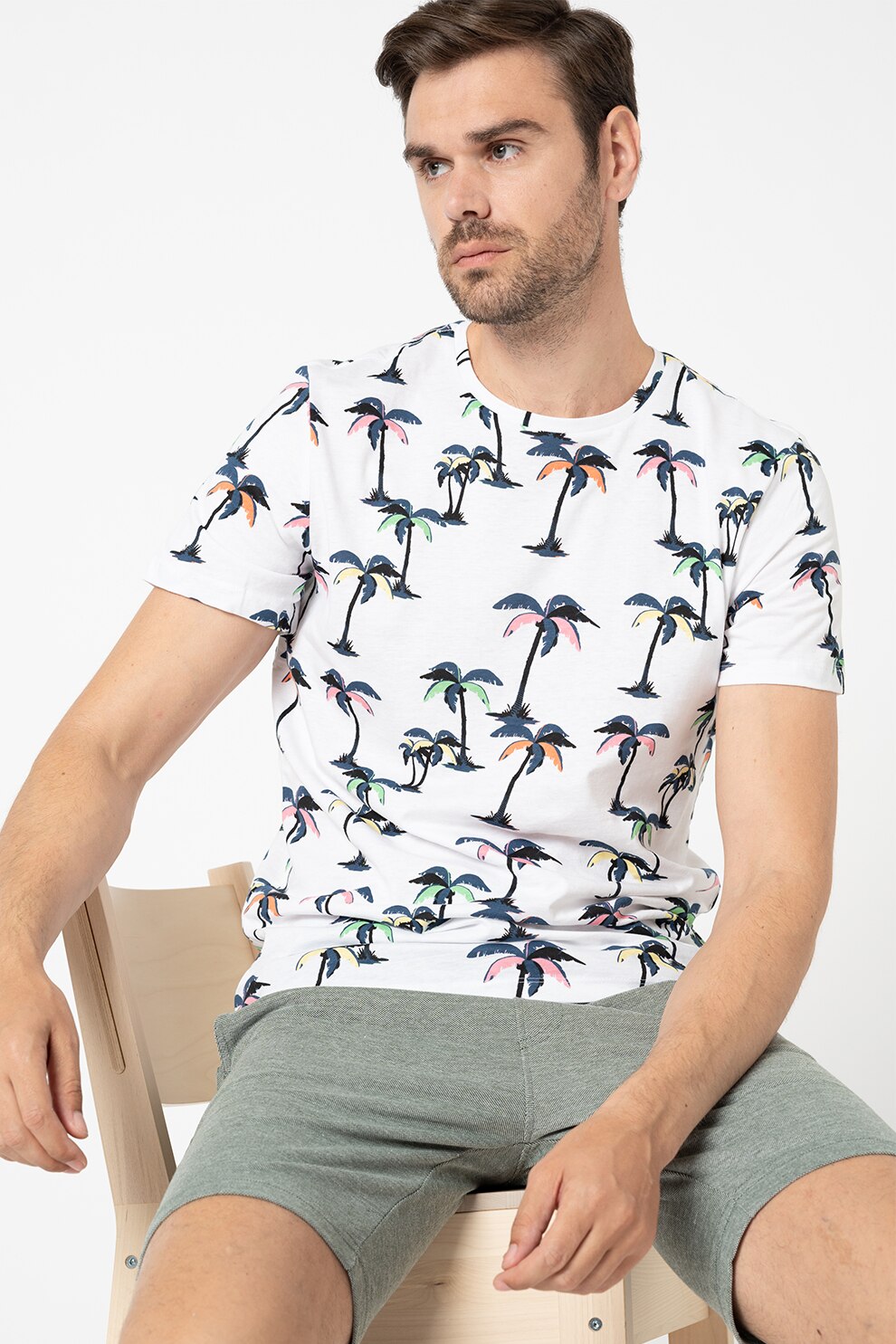 BLEND, Tricou de bumbac cu imprimeu, Alb optic/Bleumarin/Verde