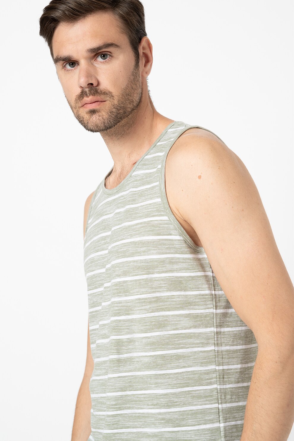 BLEND, Top de bumbac cu model in dungi, Verde feriga/Alb