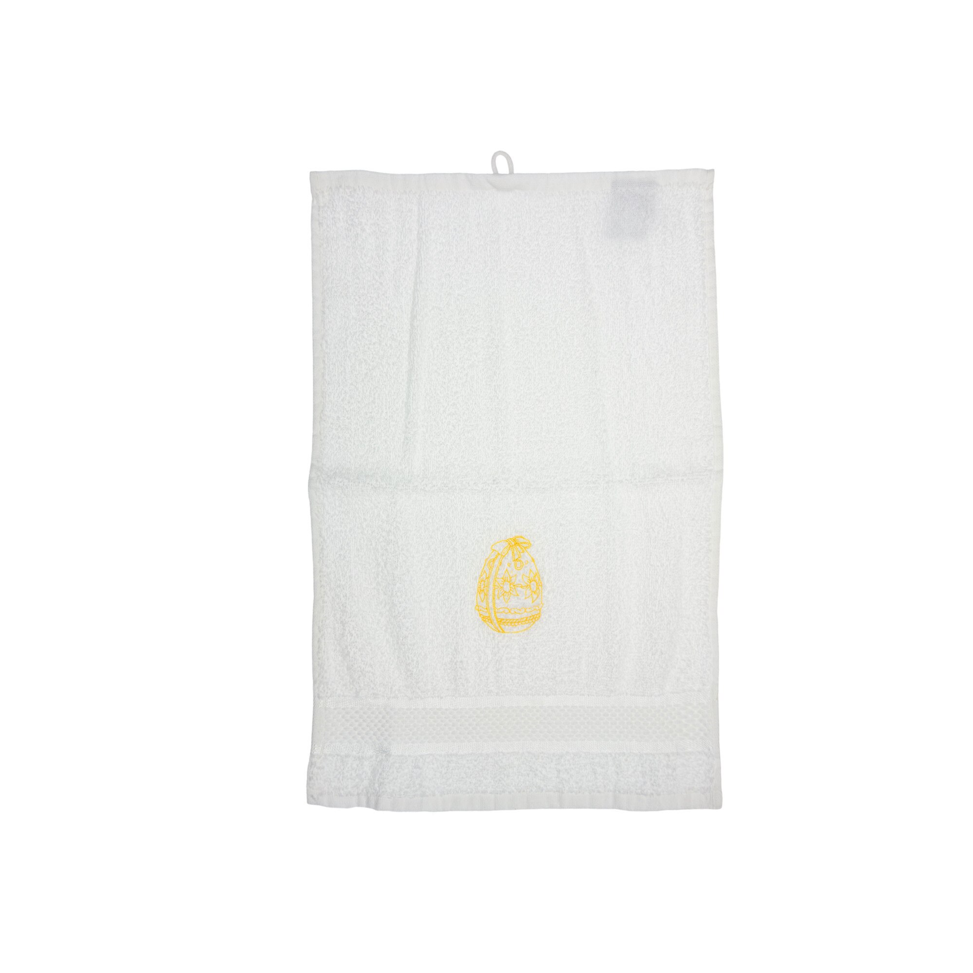 Prosop brodat, Alb, 30x50 cm, 100% bumbac, Buticcochet, cu motive de Paste, Ou galben - PROS203