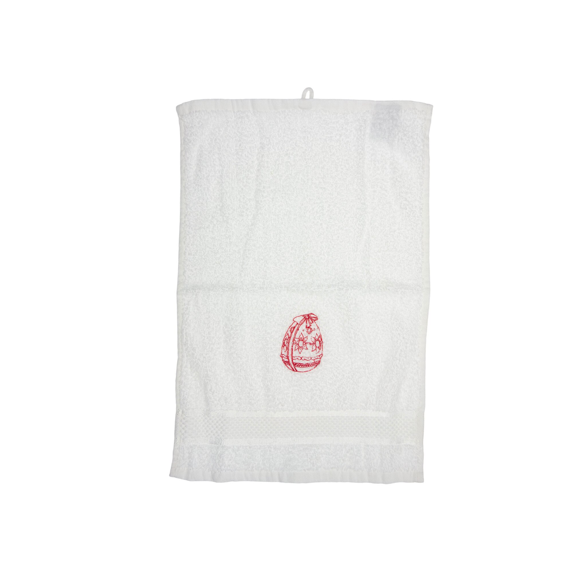 Prosop brodat, Alb, 30x50 cm, 100% bumbac, Buticcochet, cu motive de Paste, Ou rosu - PROS202